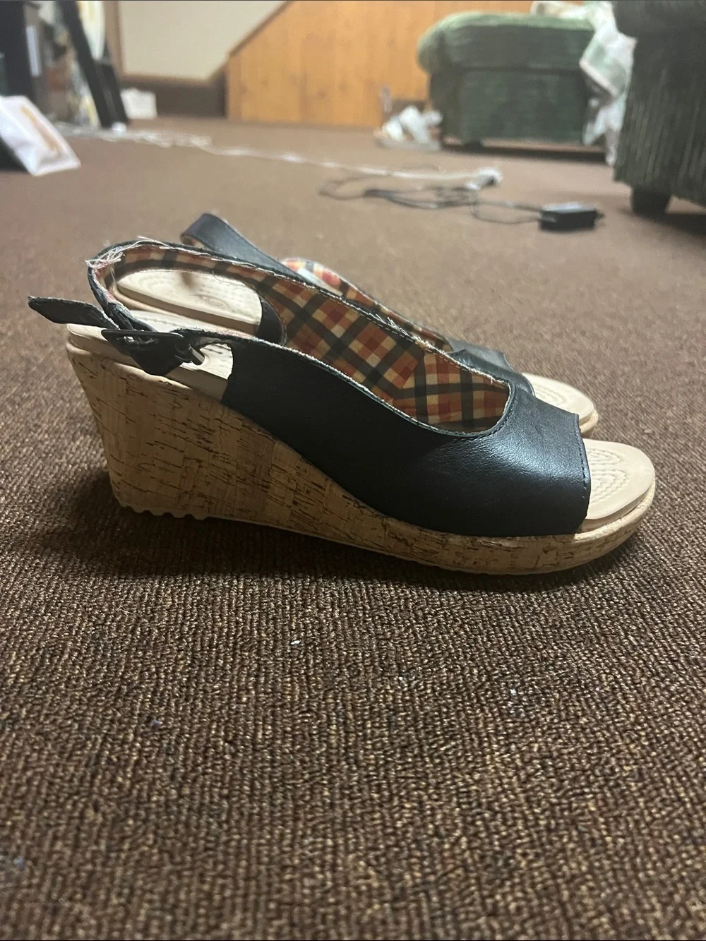 CROCS Black Cork-Look Wedge Slingback Sandals